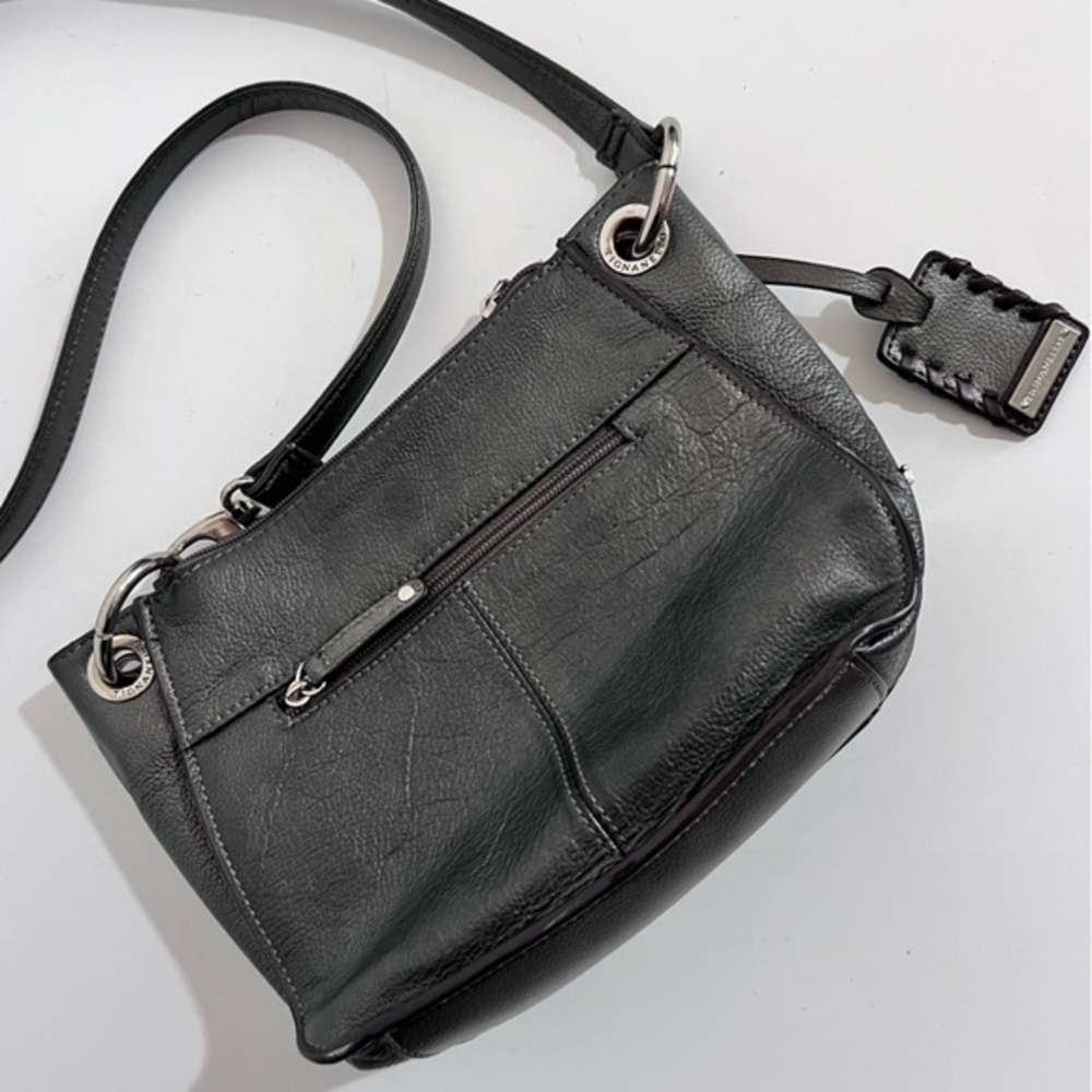 Tignanello Metallic Pewter Gray Leather Crossbody Shoulder Bag Purse Handbag